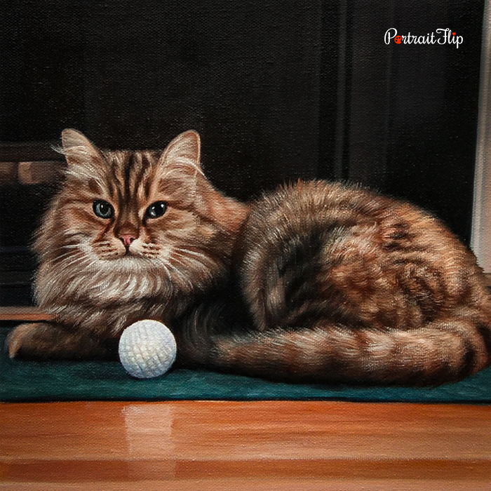 Tabby cat acrylic pet portrait painted beside a yarn ball
